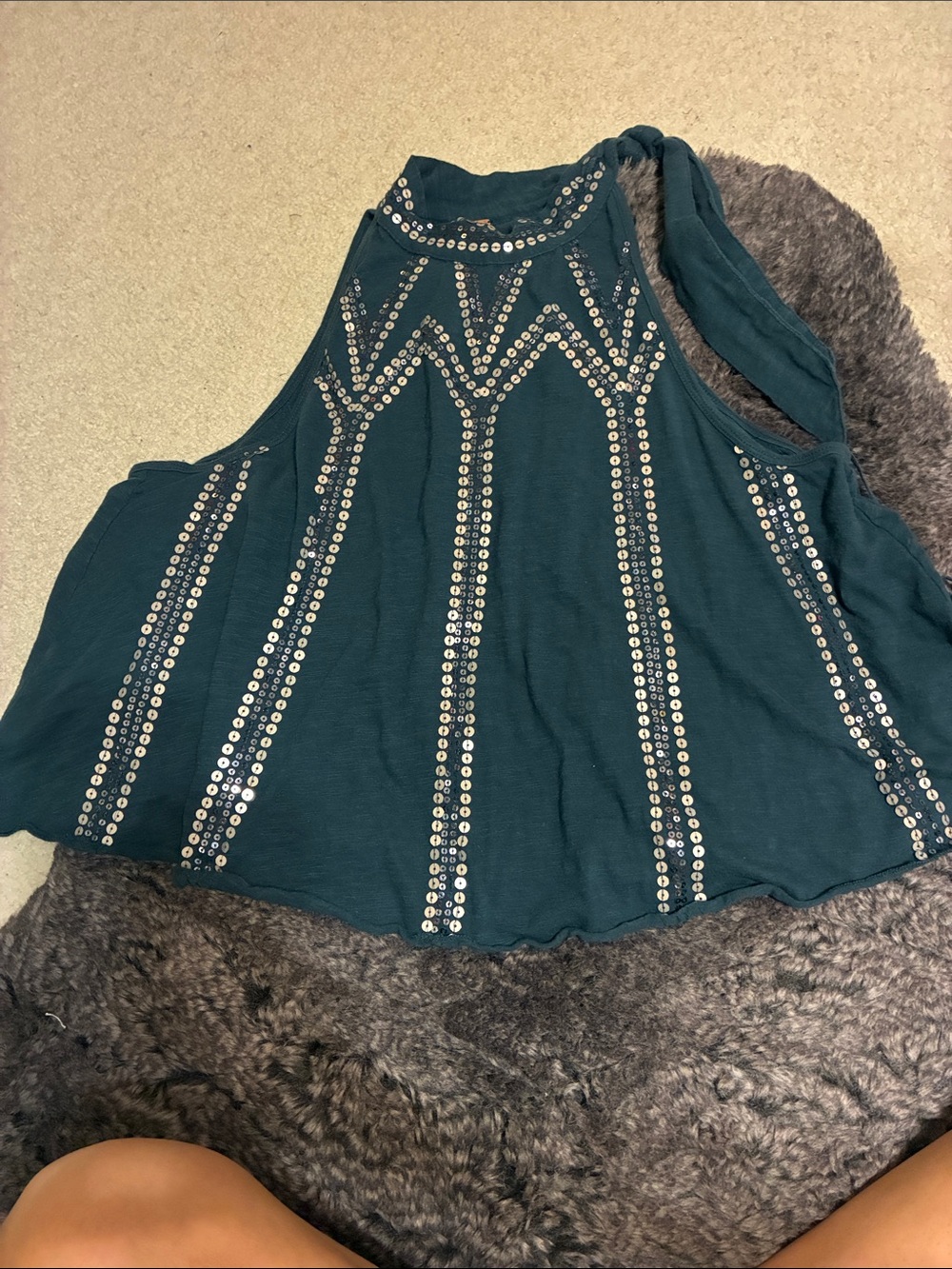 Free People Teal Sequin-Embellished Halter Tank